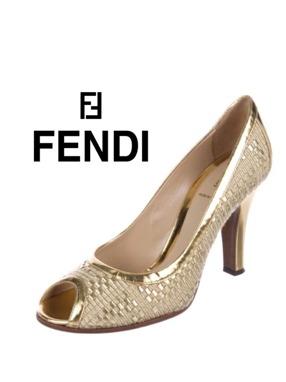 FENDI Spuntata Intreccio Oro / Gold Woven Leather Peep Toe Pump